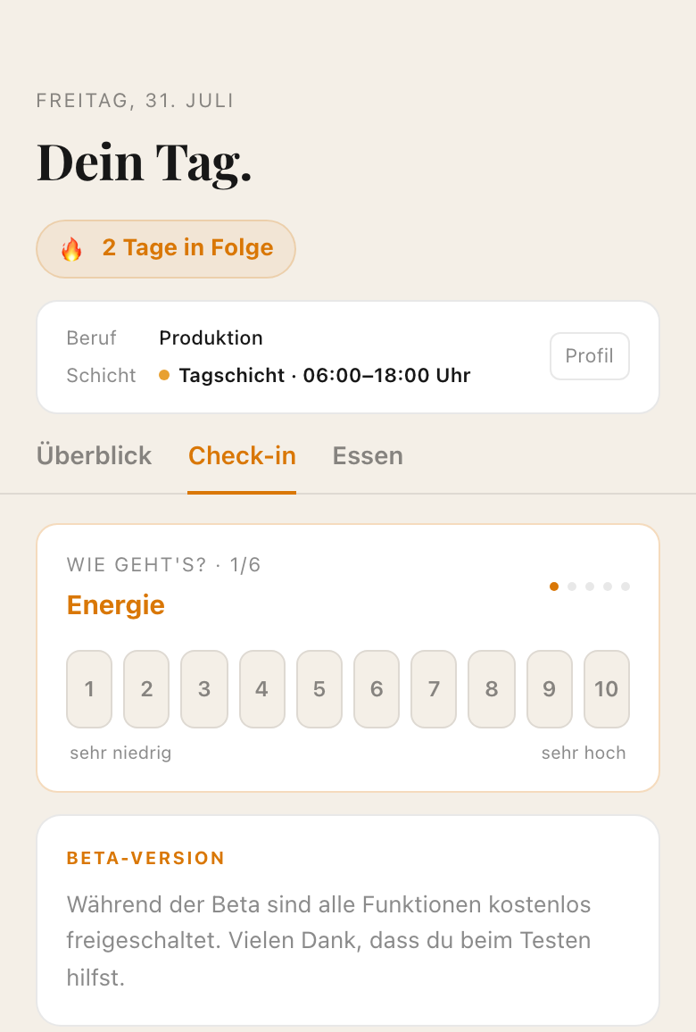 Screenshot: Täglicher Check-in für Energie, Schlaf und Stress