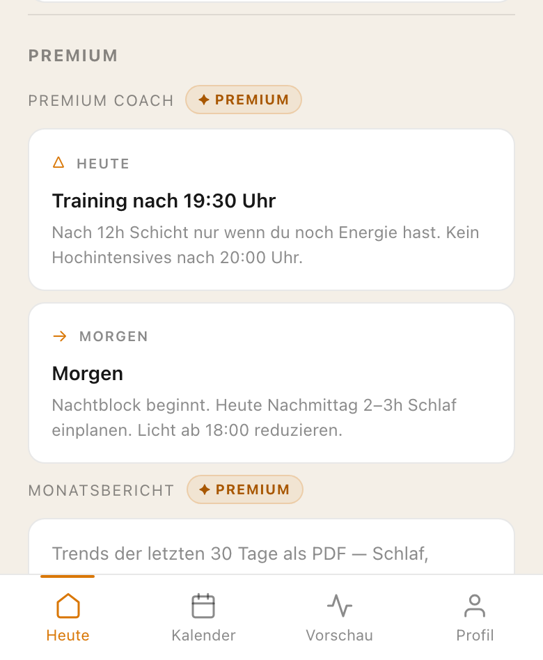 Screenshot: Premium-Coach mit Heute- und Morgenempfehlung