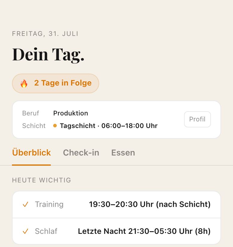 Screenshot: Heute-Dashboard mit zielgesteuertem Tagesüberblick
